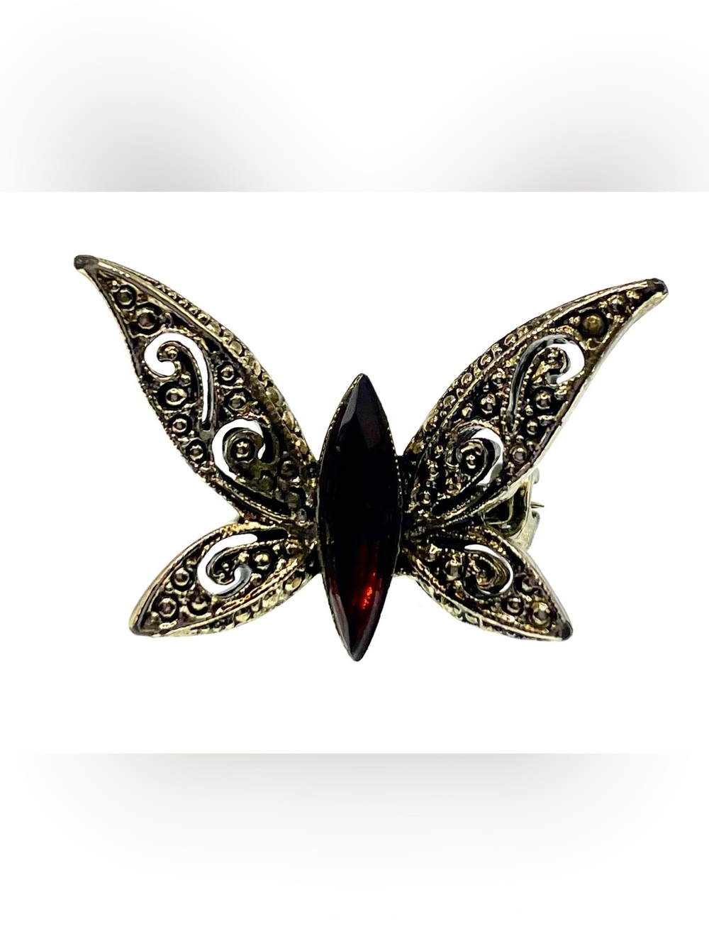 Vintage Butterfly Brooch Gold Tone Openwork Burgundy Glass Stone 1970s